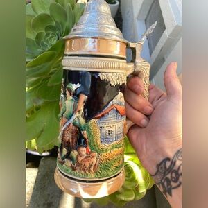 Vintage Ceramic Beer Stein with Village Scene